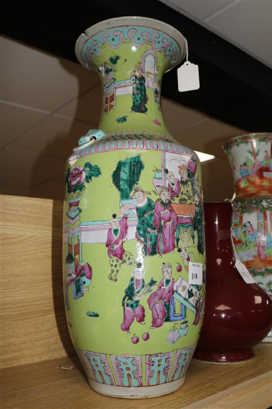 Two large 19th century Chinese famille rose vases and a sang-de-boeuf vase, H 32-58cm (3, all damaged)